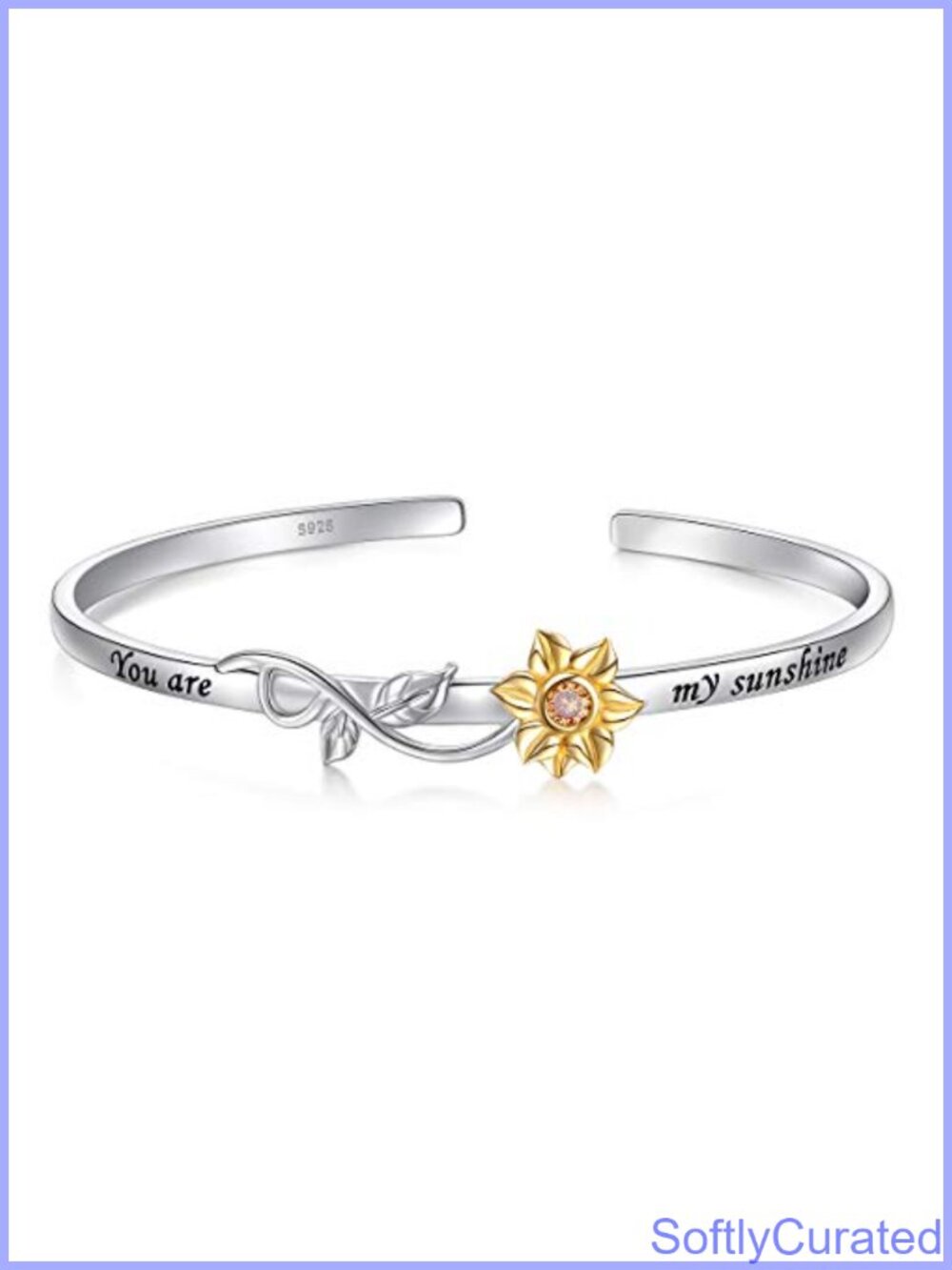 S925 Sterling Silver Sunflower Bangle Adjustable Open Engraved You Are My